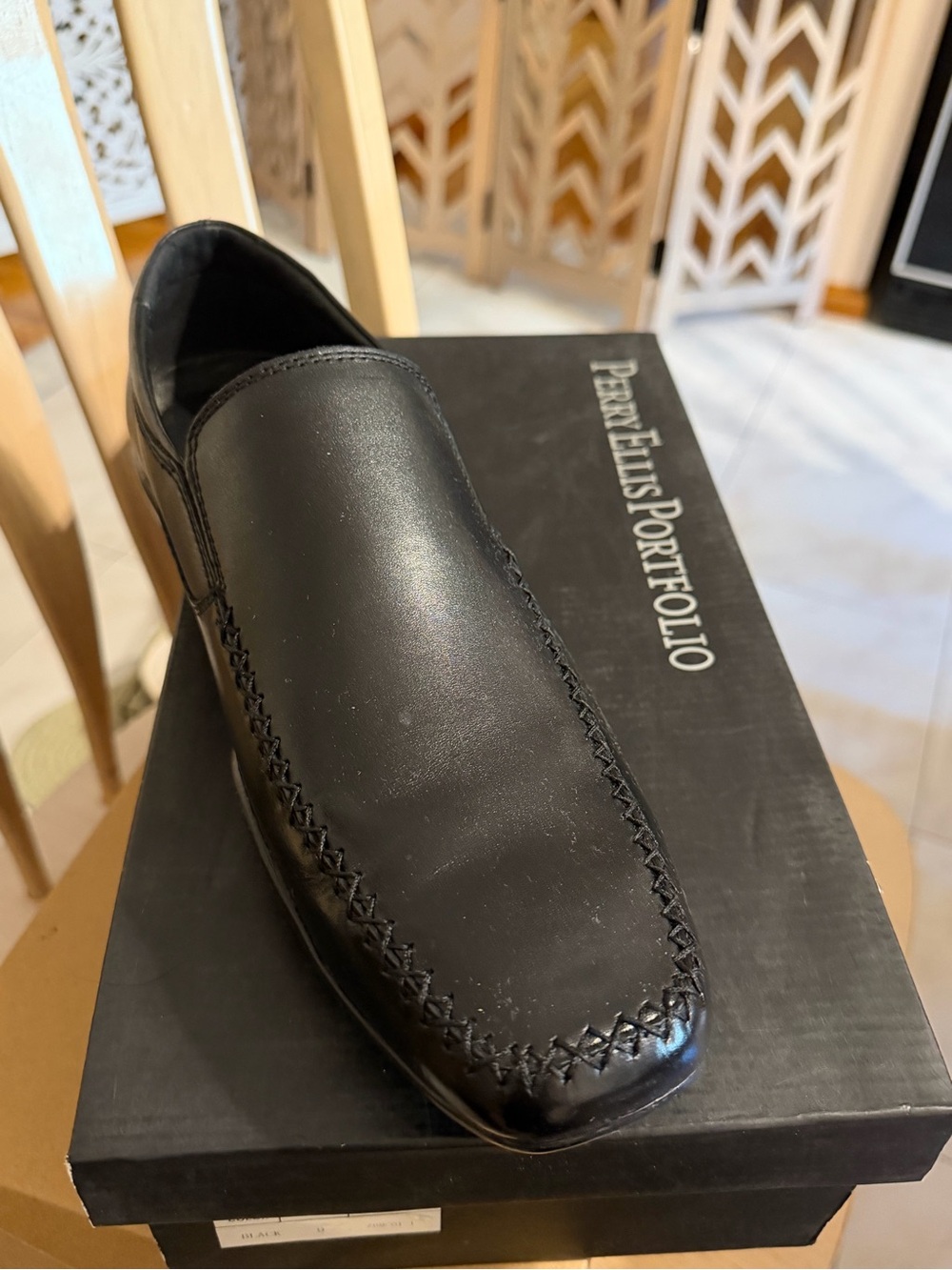 Perry Ellis Black Leather Slip-On Loafer with Moc Toe Stitching